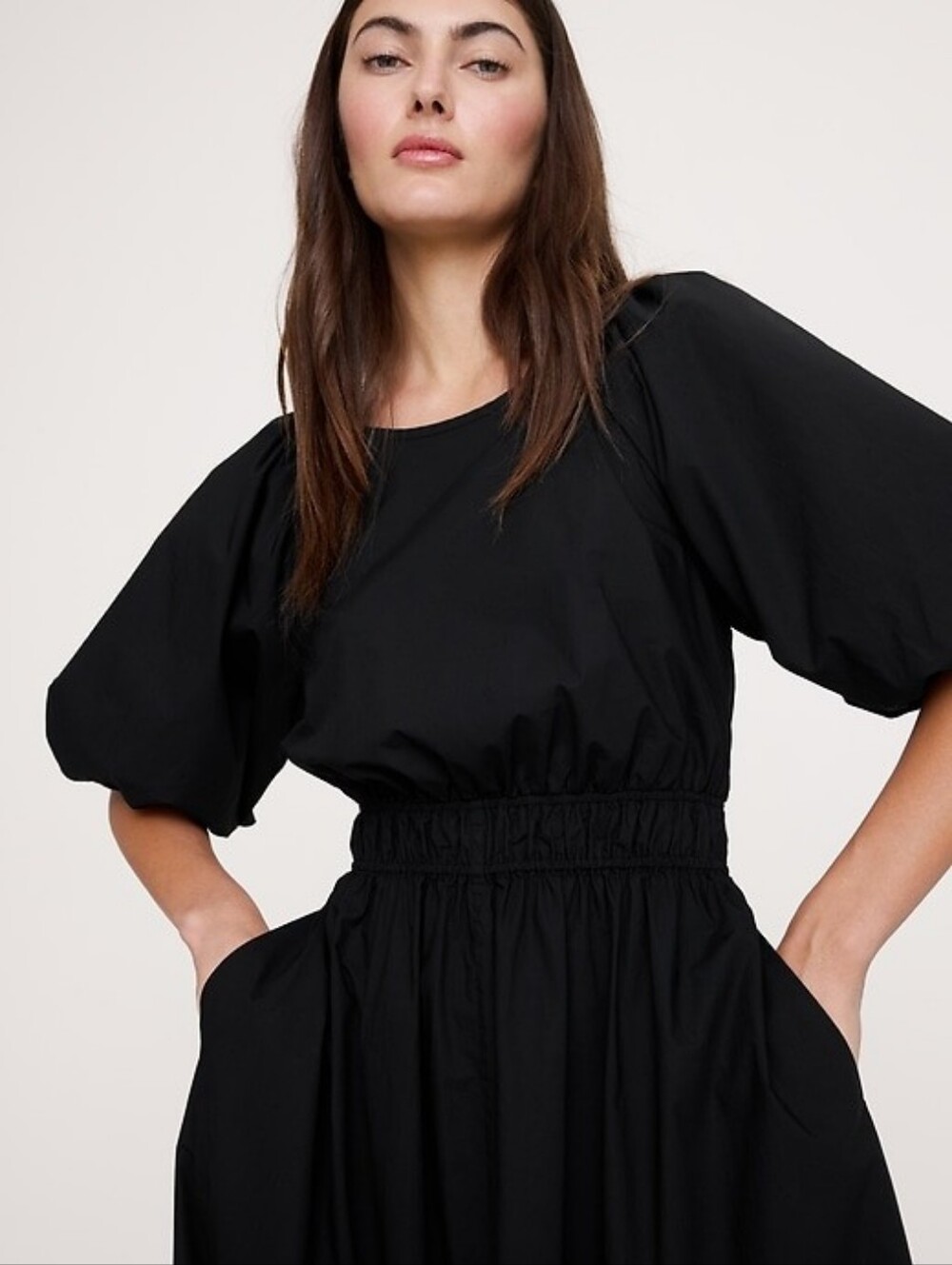 Banana Republic Poplin Puff Sleeve Mini Dress Size L Black 100% Cotton